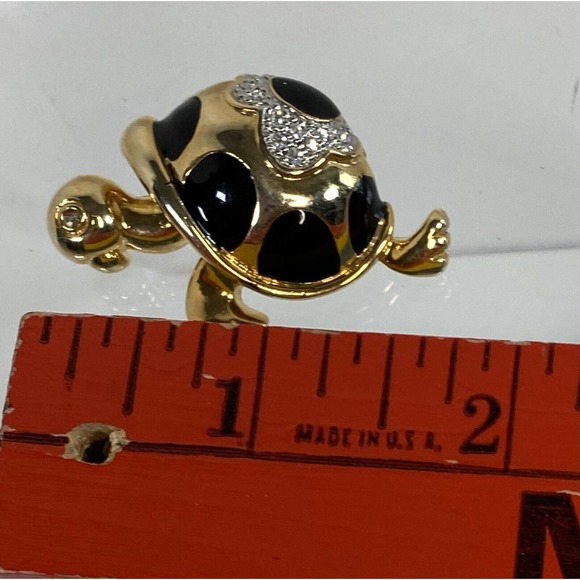 Vintage Turtle Brooch Rhinestone Black Enamel Gold-Tone Pin - Picture 4 of 4